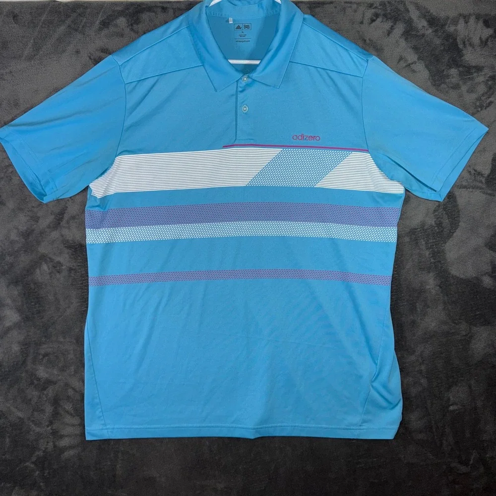 Mens XL Adidas Adizero Golf Polo Shirt Blue Good Striped Graphic Short Sleeve